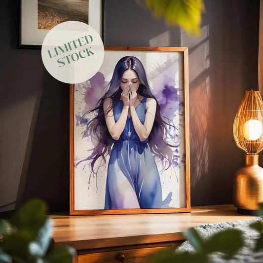 Emotional watercolor-style illustration of a woman in a flowing blue dress covering her face, with expressive purple and blue paint splashes, expressive printable wall art evoking deep feelings and introspection