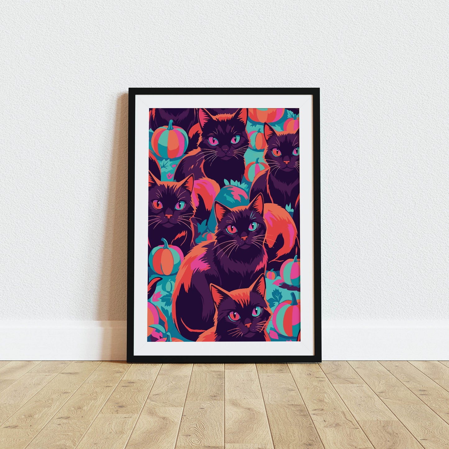 Dopamine-style Halloween poster featuring a crowd of brooding black cats with jewel-toned eyes and orange-tipped fur, woven between striped teal and orange pumpkins in a rich, saturated all-over composition