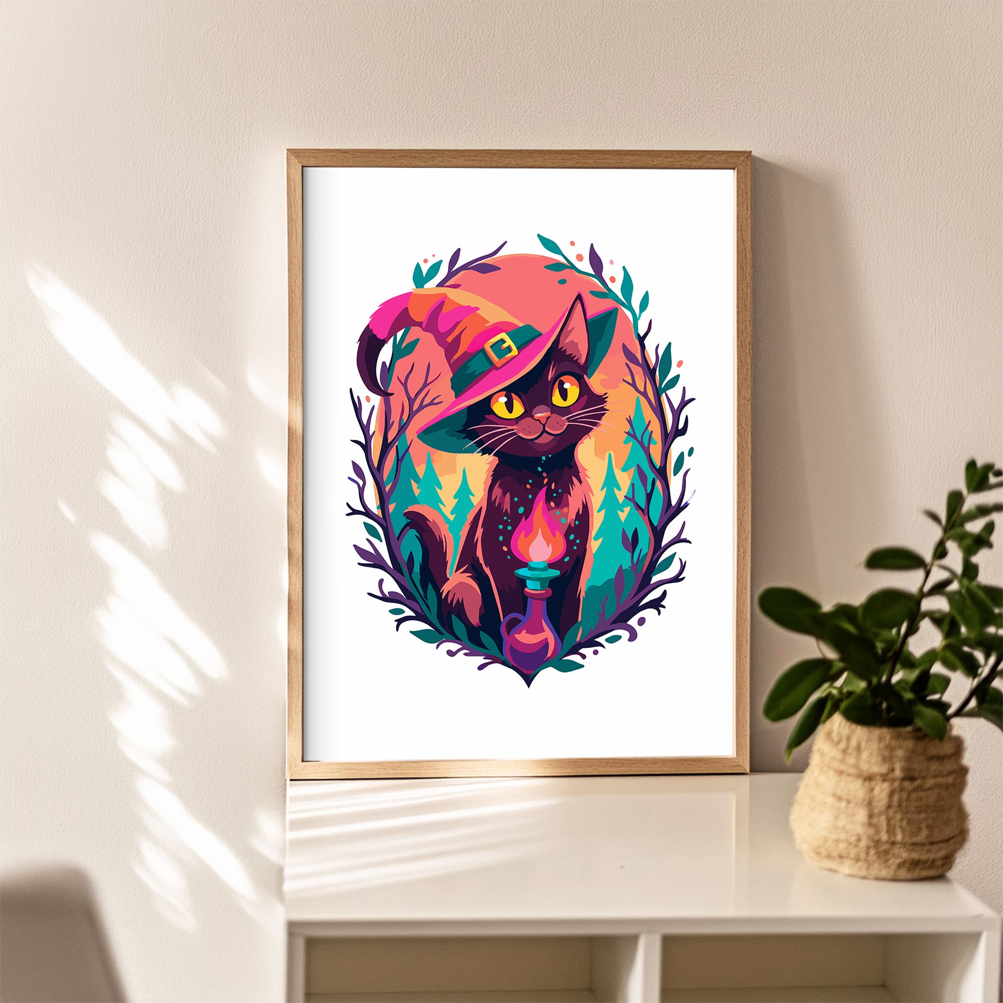 Maximalist Halloween cat poster on white background featuring a moody illustrated cat familiar in a tilted magenta witch hat, clutching a teal candlestick with a pink flame, framed in a botanical wreath of teal trees and dark branches