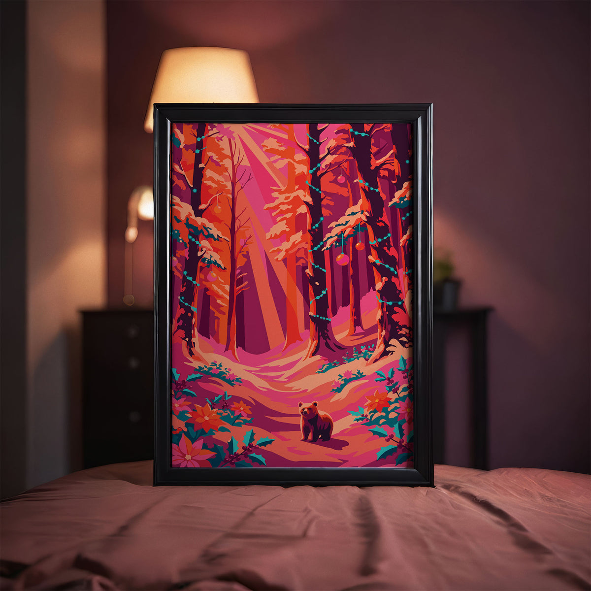 Maximalist Christmas nature poster featuring a lone bear cub on a snow-dusted forest floor surrounded by teal holly leaves with red berries, pink poinsettias, and teal bead garlands draped through towering orange-lit winter trees