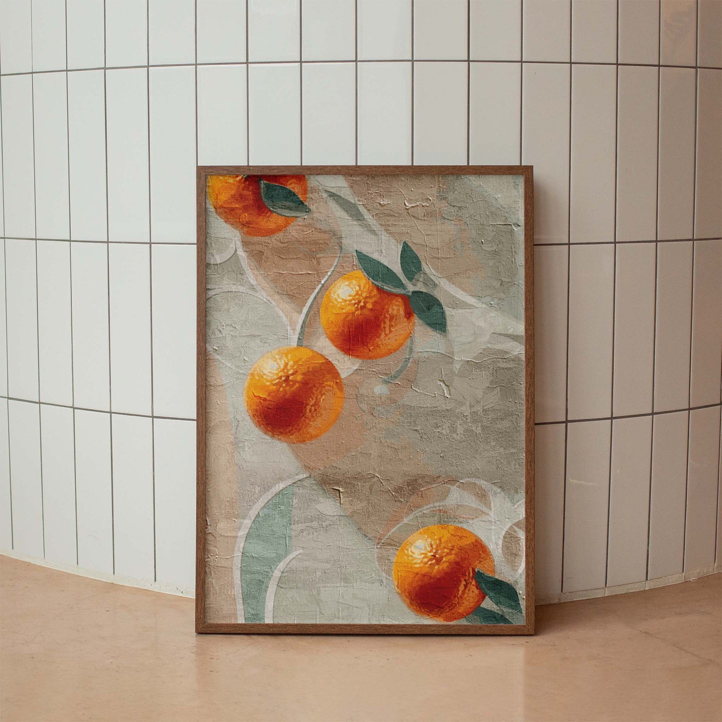 Printable wall art featuring a textured, abstract background with bright orange citrus fruits and green leaves, evoking a rustic, Mediterranean-inspired aesthetic, perfect for kitchen or dining room decor