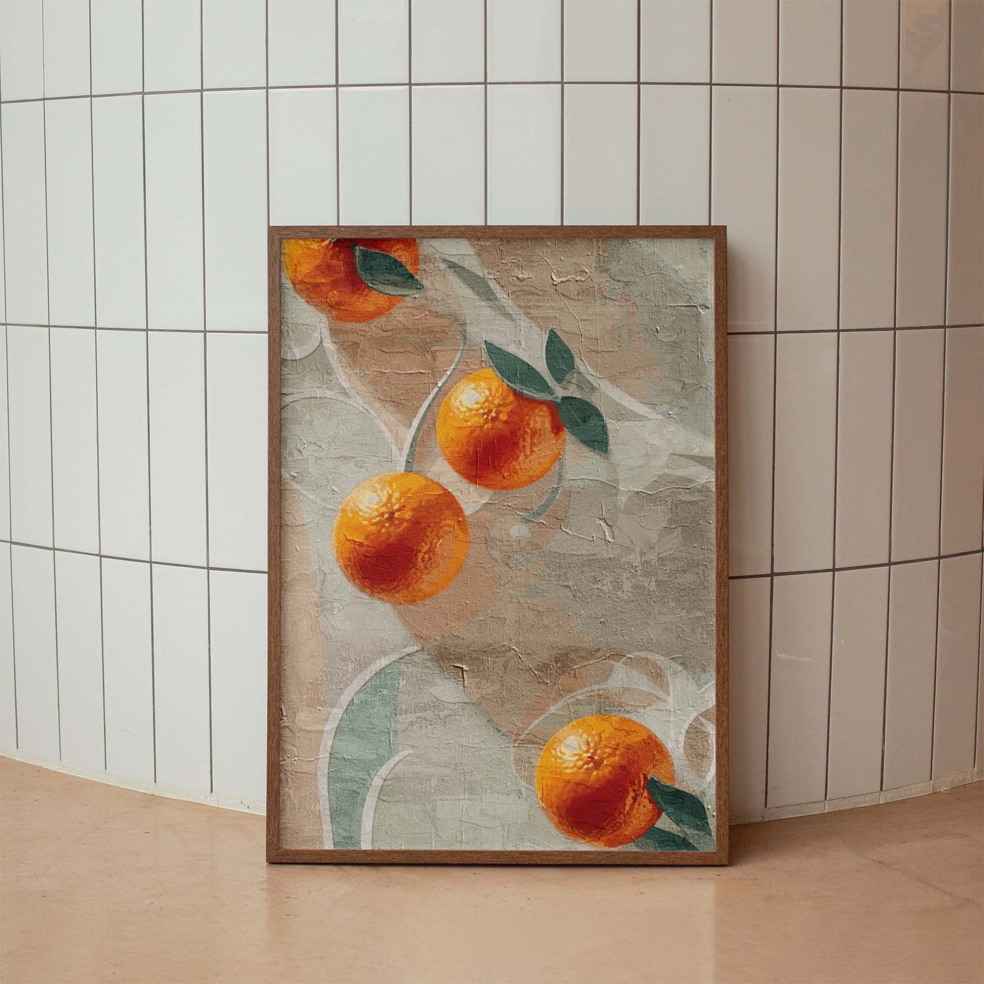Printable wall art featuring a textured, abstract background with bright orange citrus fruits and green leaves, evoking a rustic, Mediterranean-inspired aesthetic, perfect for kitchen or dining room decor