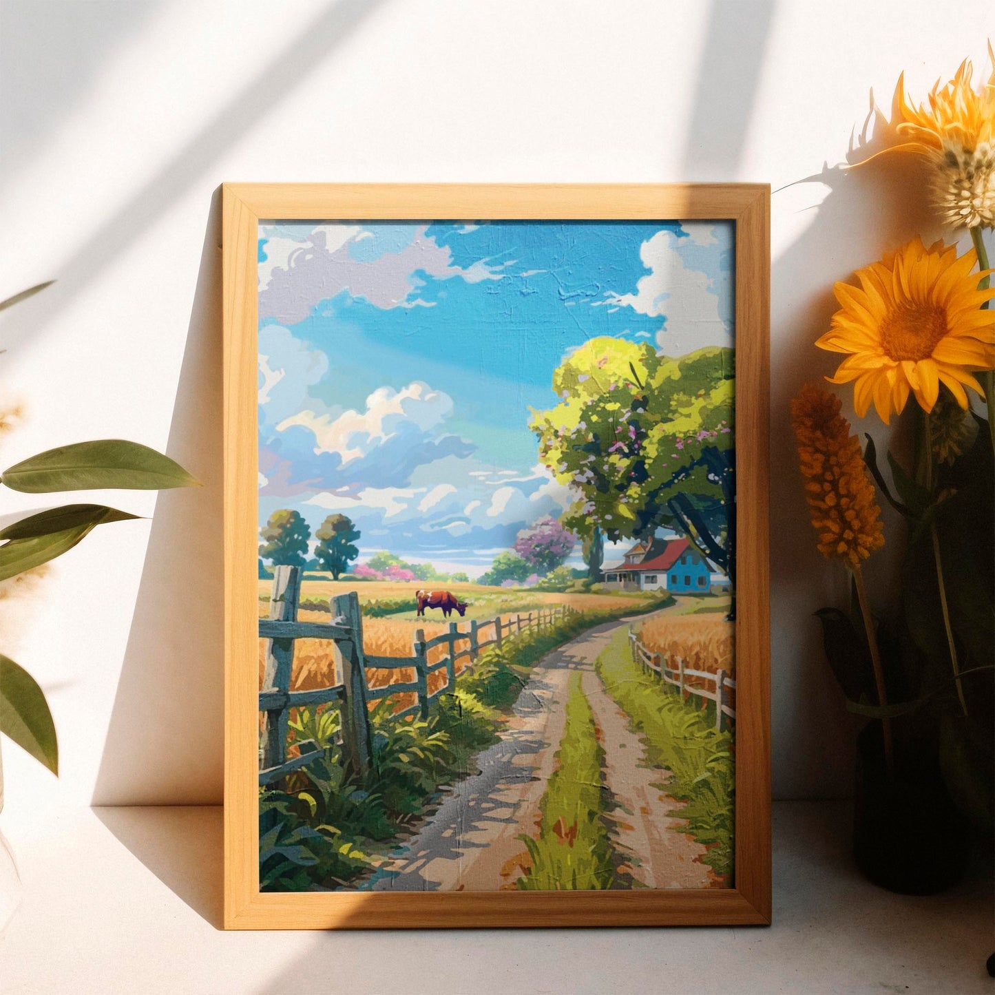 Scenic farmhouse illustration showing a quiet path through farmland with trees, open skies and rolling countryside views
