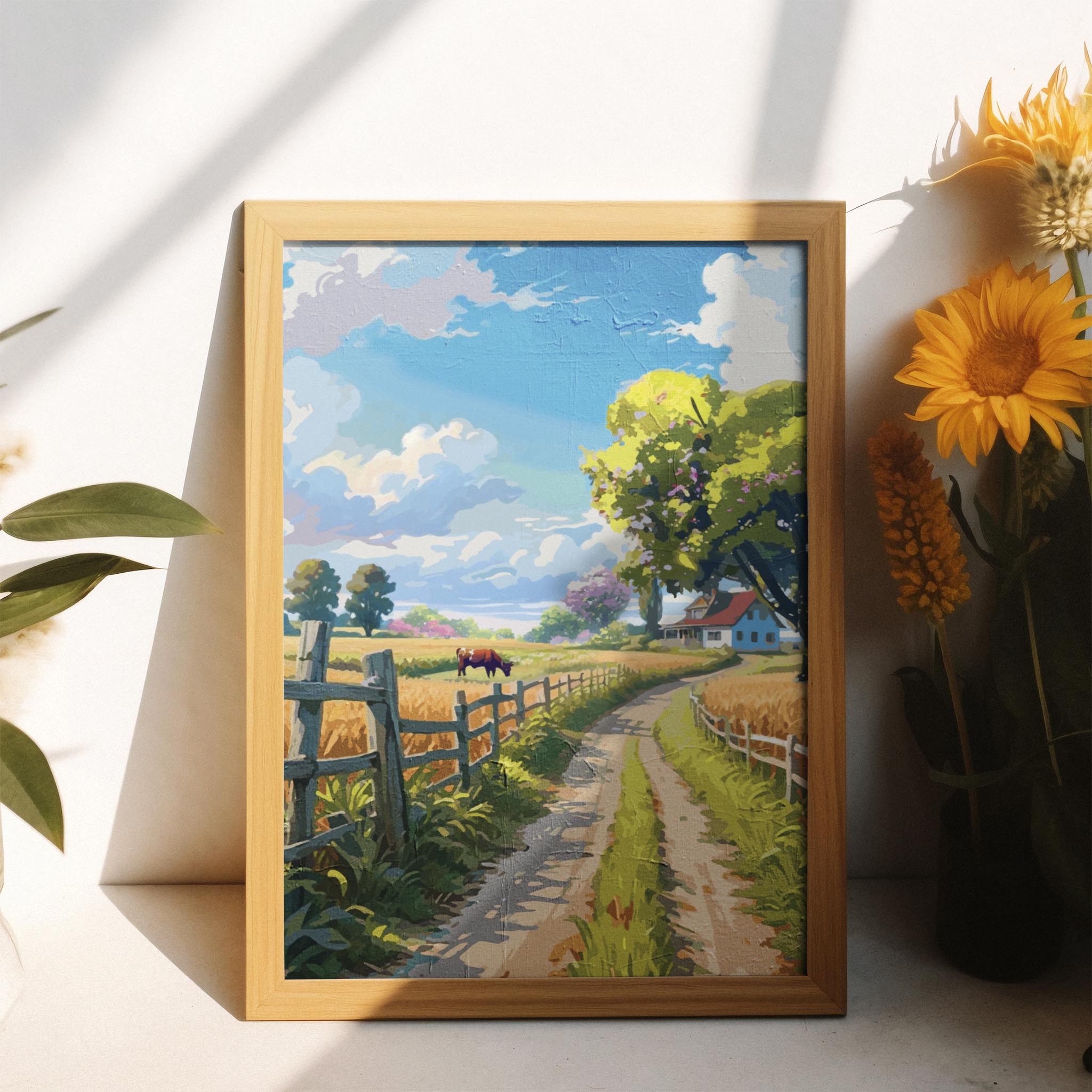 Scenic farmhouse illustration showing a quiet path through farmland with trees, open skies and rolling countryside views