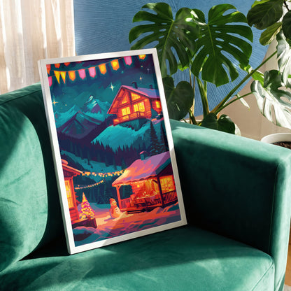 Maximalist holiday landscape poster featuring multiple glowing log cabins on a teal winter mountain, connected by warm string lights, with a cheerful snowman, a pink and yellow lit Christmas tree, colourful pennant bunting, and sparkling night sky
