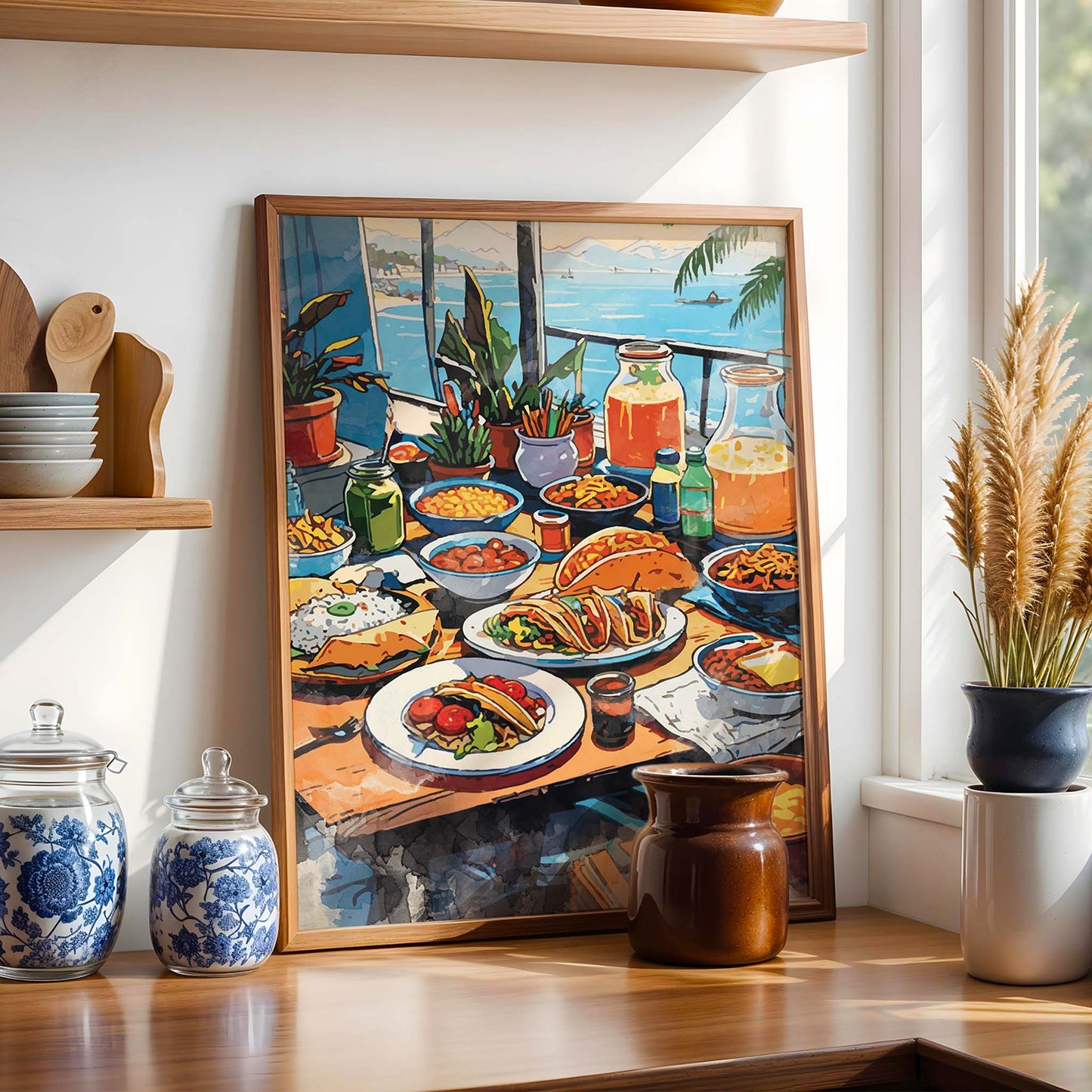 Colorful printable wall art of a festive Mexican dining table filled with tacos, rice, pasta, fresh vegetables, drinks, and juices, set against a scenic seaside view with potted plants and sailboats in the distance.
