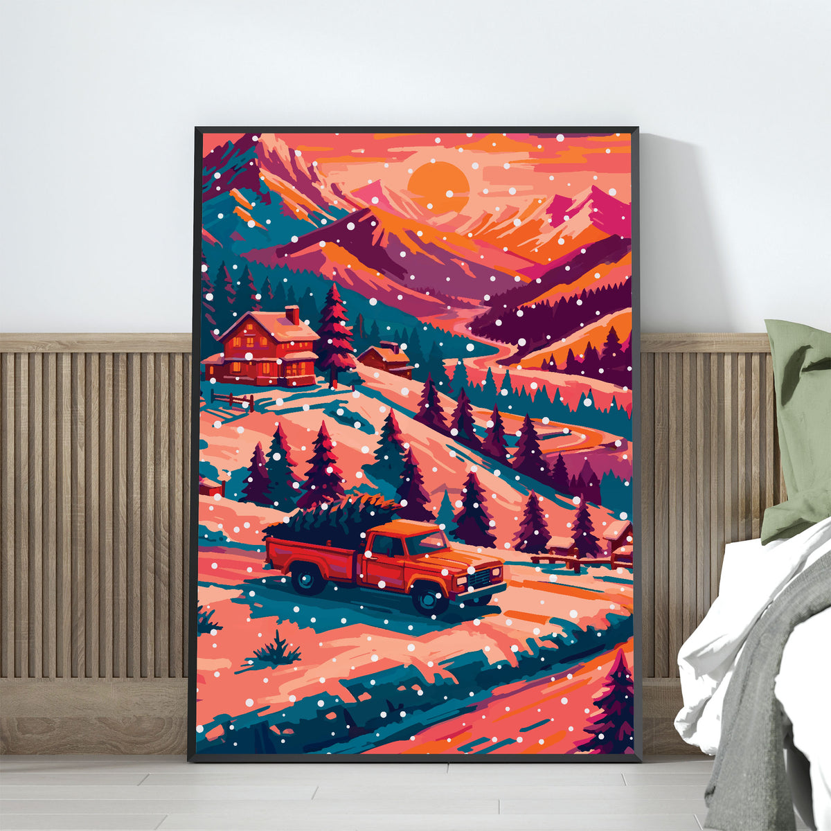 Maximalist holiday landscape poster featuring a vintage red pickup with a Christmas tree in the truck bed driving through a colour-blocked mountain snowscape in orange, peach, teal, and deep magenta with falling white snow dots