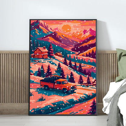 Maximalist holiday landscape poster featuring a vintage red pickup with a Christmas tree in the truck bed driving through a colour-blocked mountain snowscape in orange, peach, teal, and deep magenta with falling white snow dots