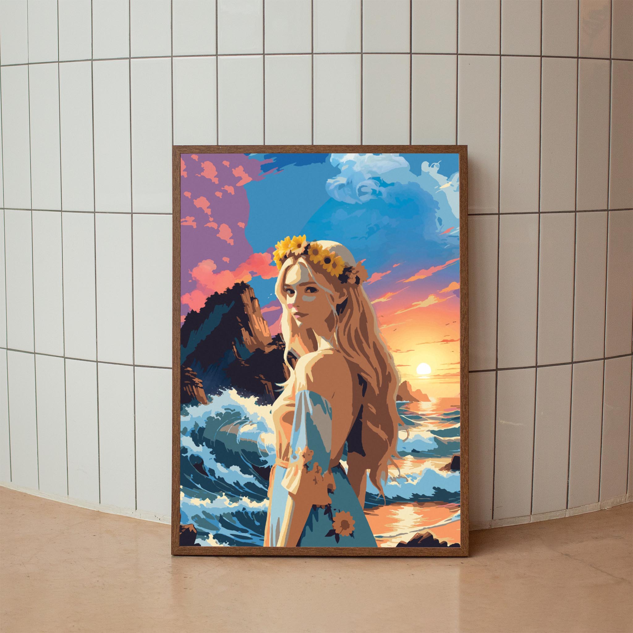 Vibrant printable wall art featuring a blonde woman with sunflowers in her hair standing by the ocean, set against dramatic waves, rocky cliffs, and a glowing sunset sky, perfect for adding a bold, romantic coastal vibe to any space