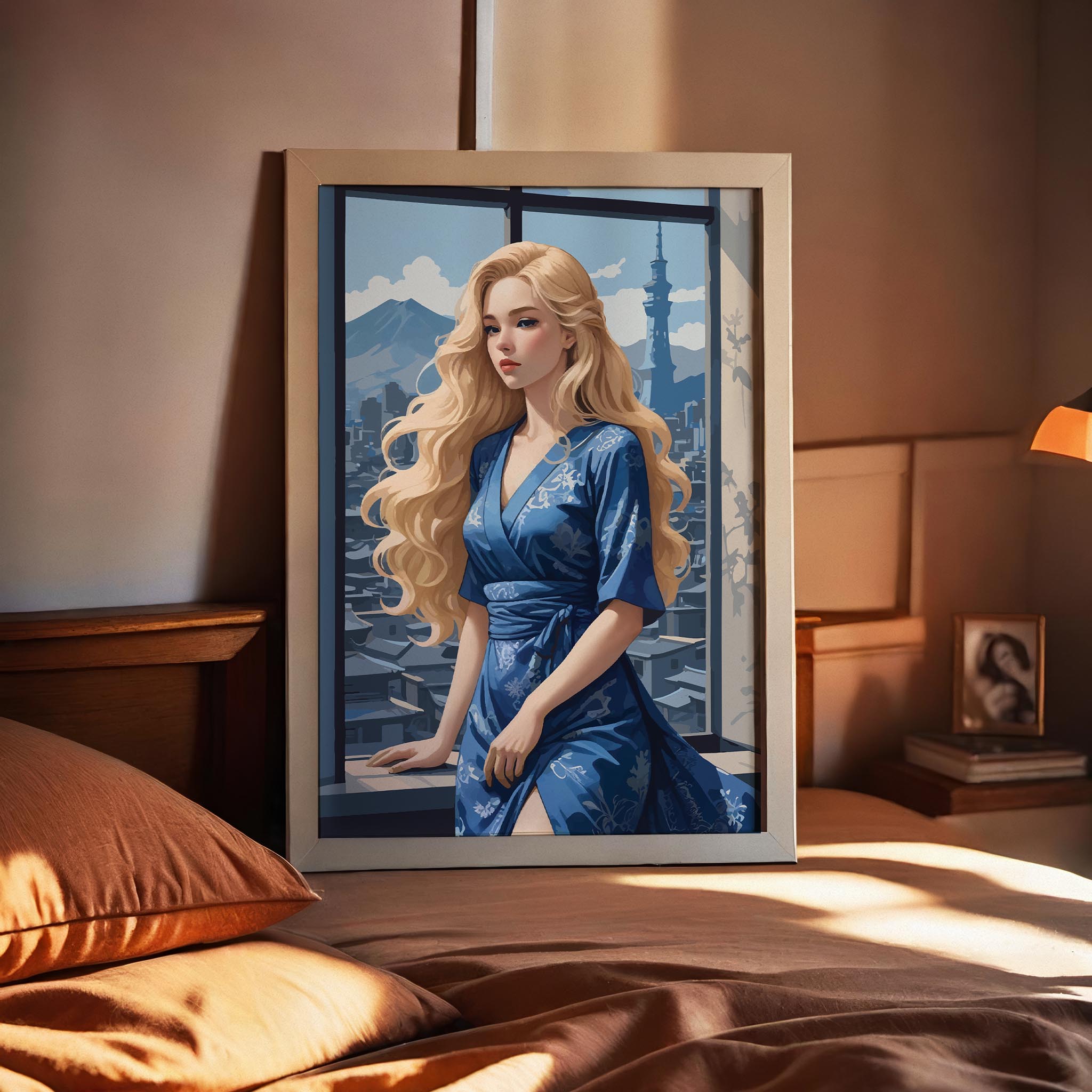Elegant illustration of a blonde woman in a flowing blue kimono-style dress standing by a large window overlooking a city skyline. Soft sunlight highlights her wavy hair as distant mountains and a tall tower rise in the background, creating a calm and sophisticated atmosphere.
