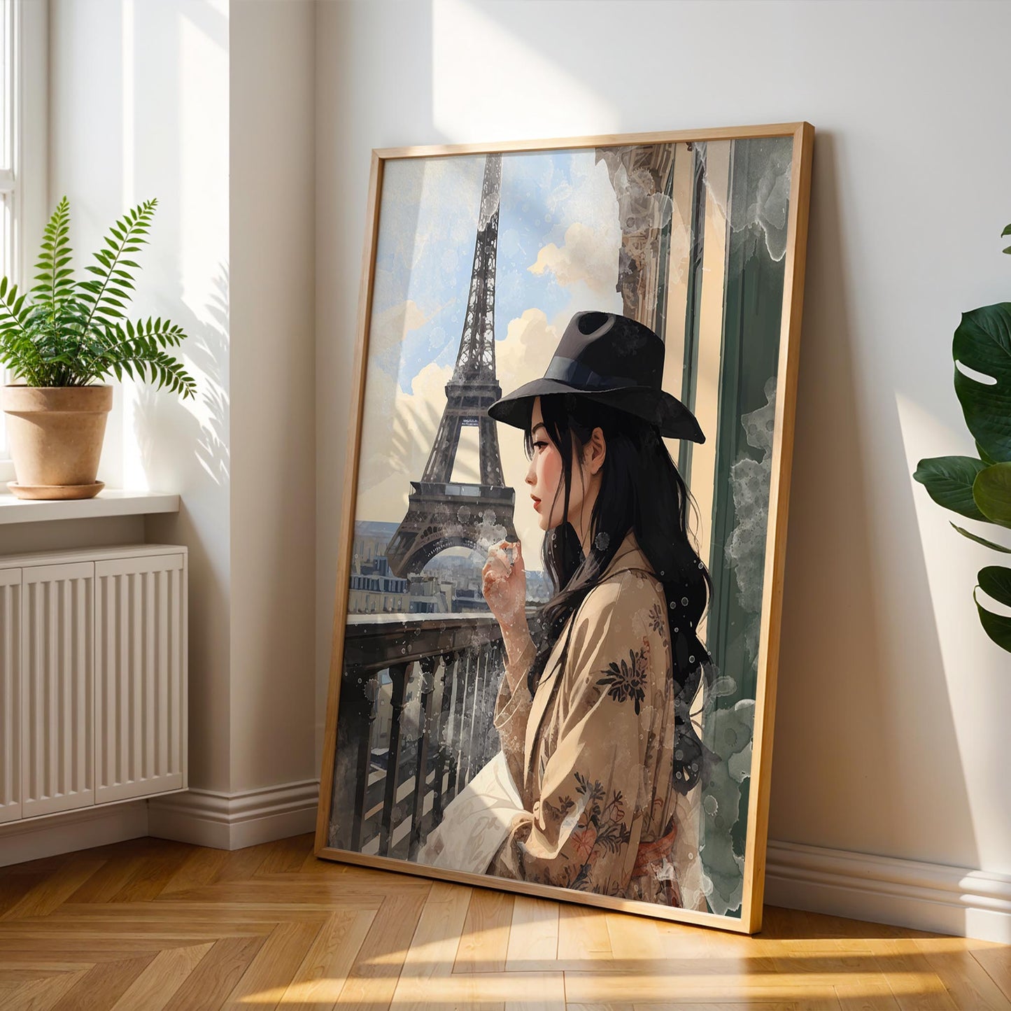 Elegant Parisian illustration of a woman in a wide-brim hat standing on a balcony overlooking the Eiffel Tower, bathed in soft daylight with muted neutral tones and painterly textures. Romantic Paris wall art with a chic, dreamy, travel-inspired aesthetic.