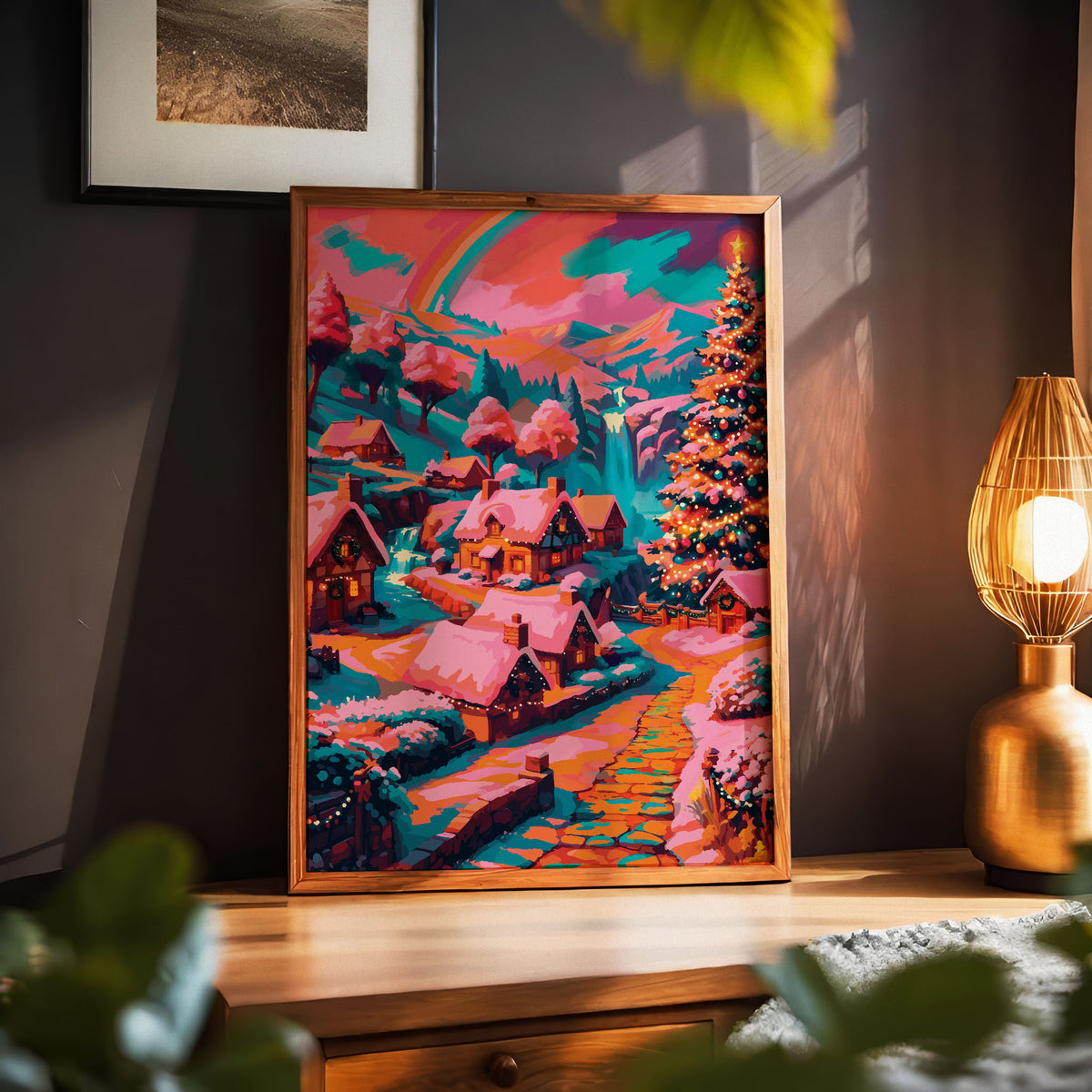 Maximalist holiday village poster featuring an aerial view of a storybook Christmas hamlet — pink snow-capped rooftops, glowing fairy-lit cottages, a cascading teal waterfall, soft pink trees, and a dramatic teal and orange rainbow sky overhead