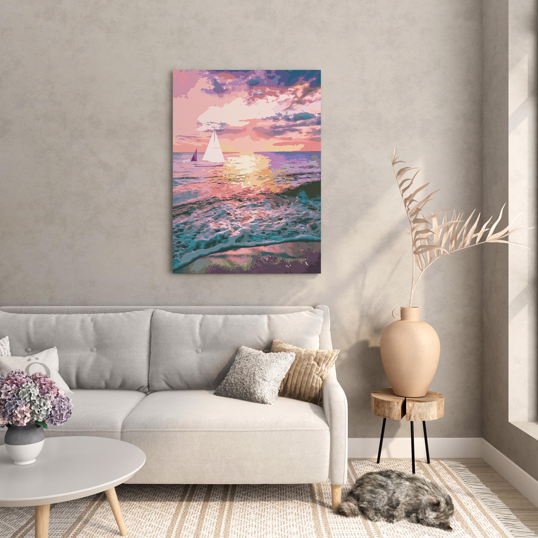 Romantic ocean sunset wall art featuring sailboats gliding across colorful waves under a glowing pink and purple sky, with sunlight reflecting beautifully on the water’s surface