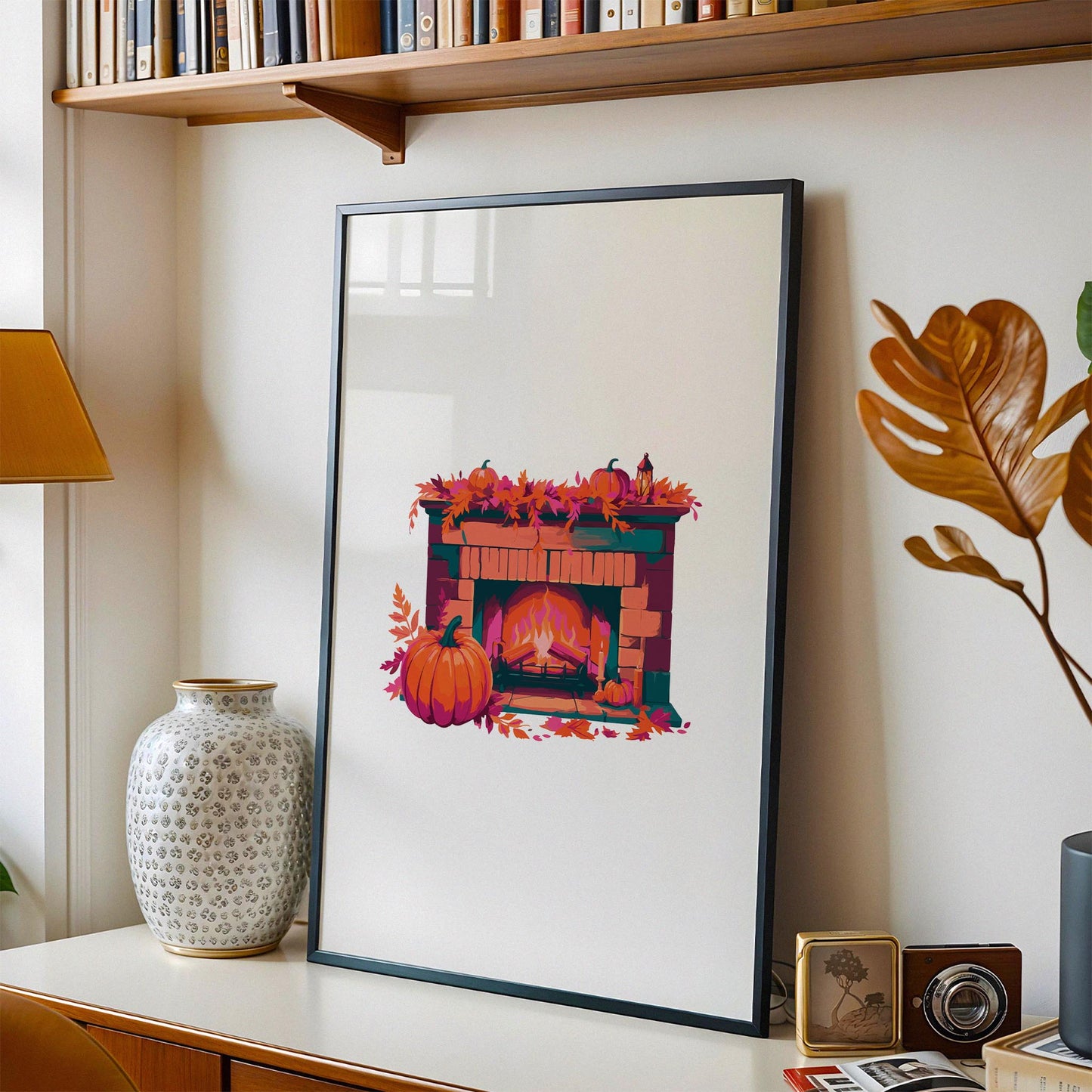 Close-up of a cozy harvest fireplace illustration with a teal-accented brick surround, oversized orange pumpkin, fall foliage, iron log grate, and a vintage lantern on white