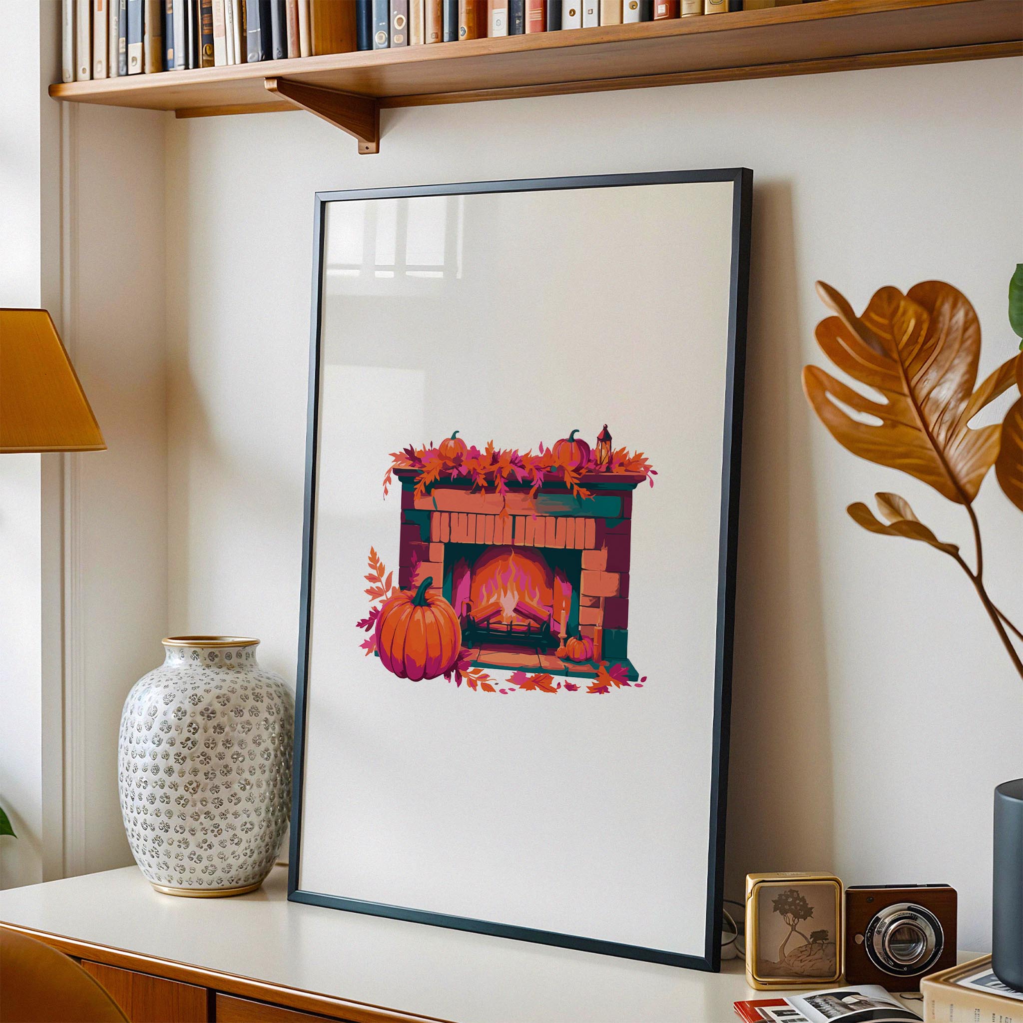 Close-up of a cozy harvest fireplace illustration with a teal-accented brick surround, oversized orange pumpkin, fall foliage, iron log grate, and a vintage lantern on white