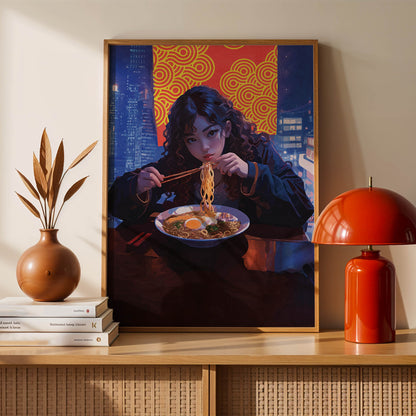 Digital wall art of a young woman eating ramen with chopsticks at a night city restaurant, featuring a glowing red and yellow patterned backdrop and neon-lit urban skyline