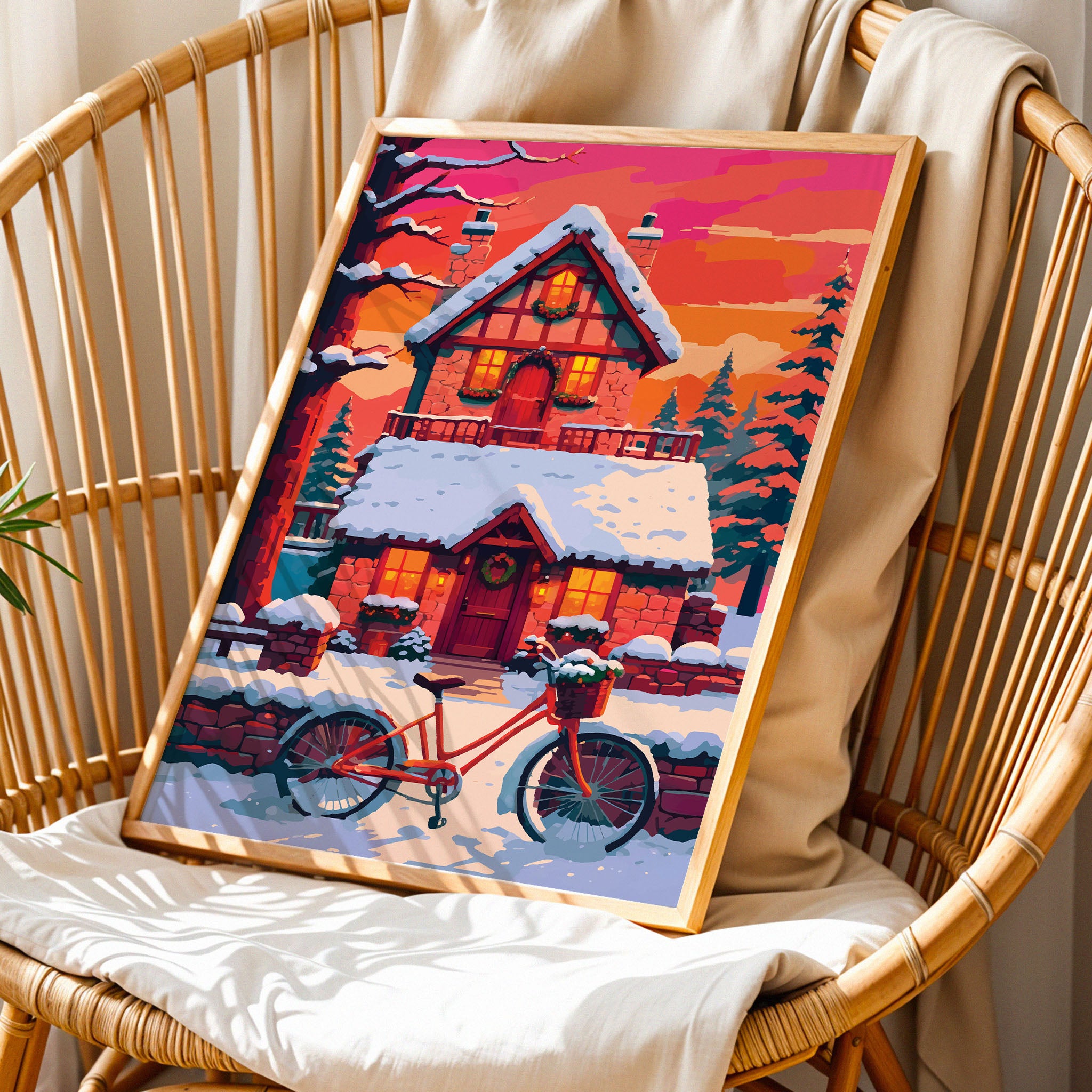 Maximalist Christmas landscape poster featuring a fully snow-laden red stone cottage with wreath-decorated doors, warm candlelit windows, a red cruiser bicycle with a basket, teal pine forest, and a bold orange-pink sunset horizon
