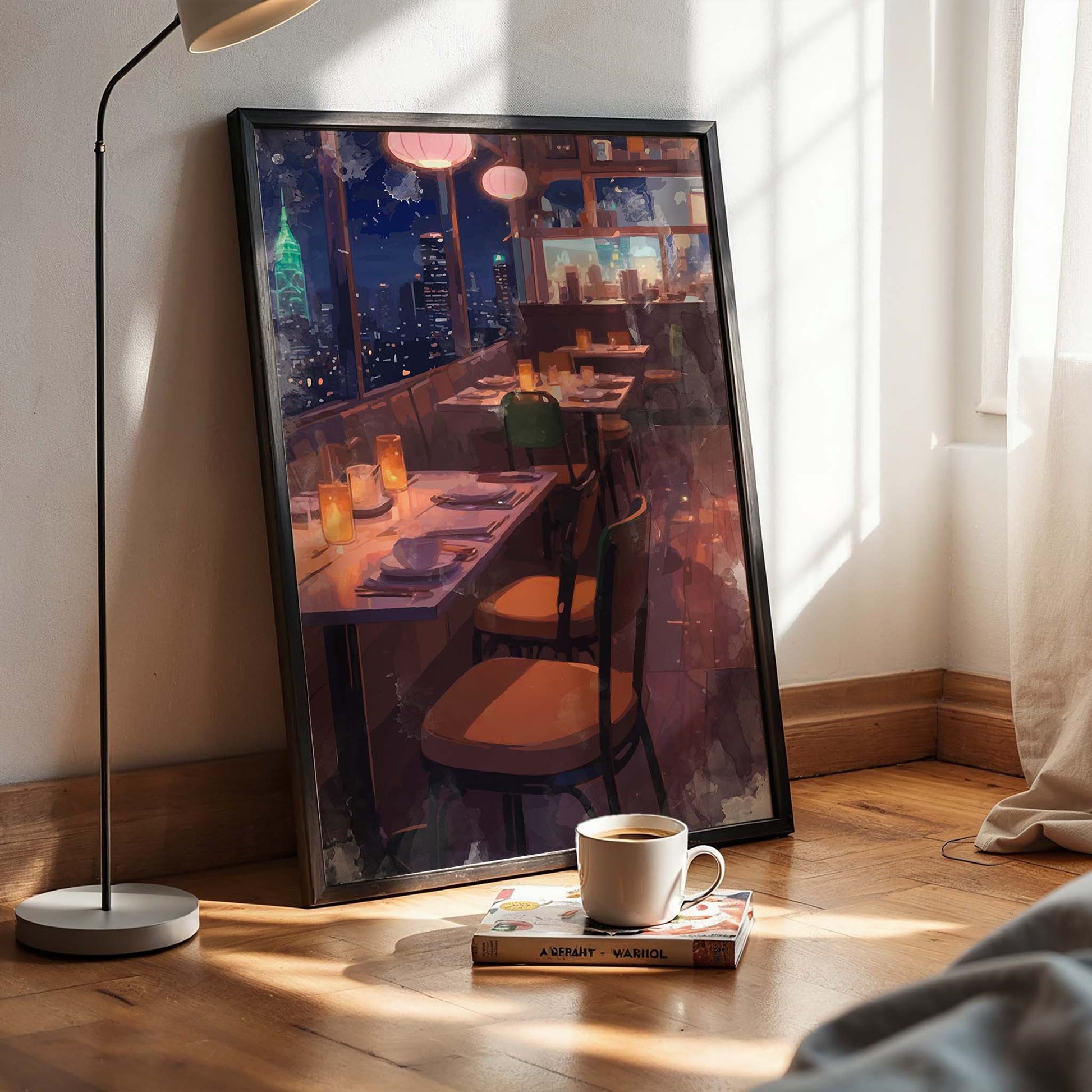 Atmospheric illustration of a cozy rooftop restaurant at night, with softly glowing candles on set tables and warm lantern lights hanging above. Large windows reveal a breathtaking city skyline with illuminated skyscrapers, creating a romantic and serene urban dining mood.