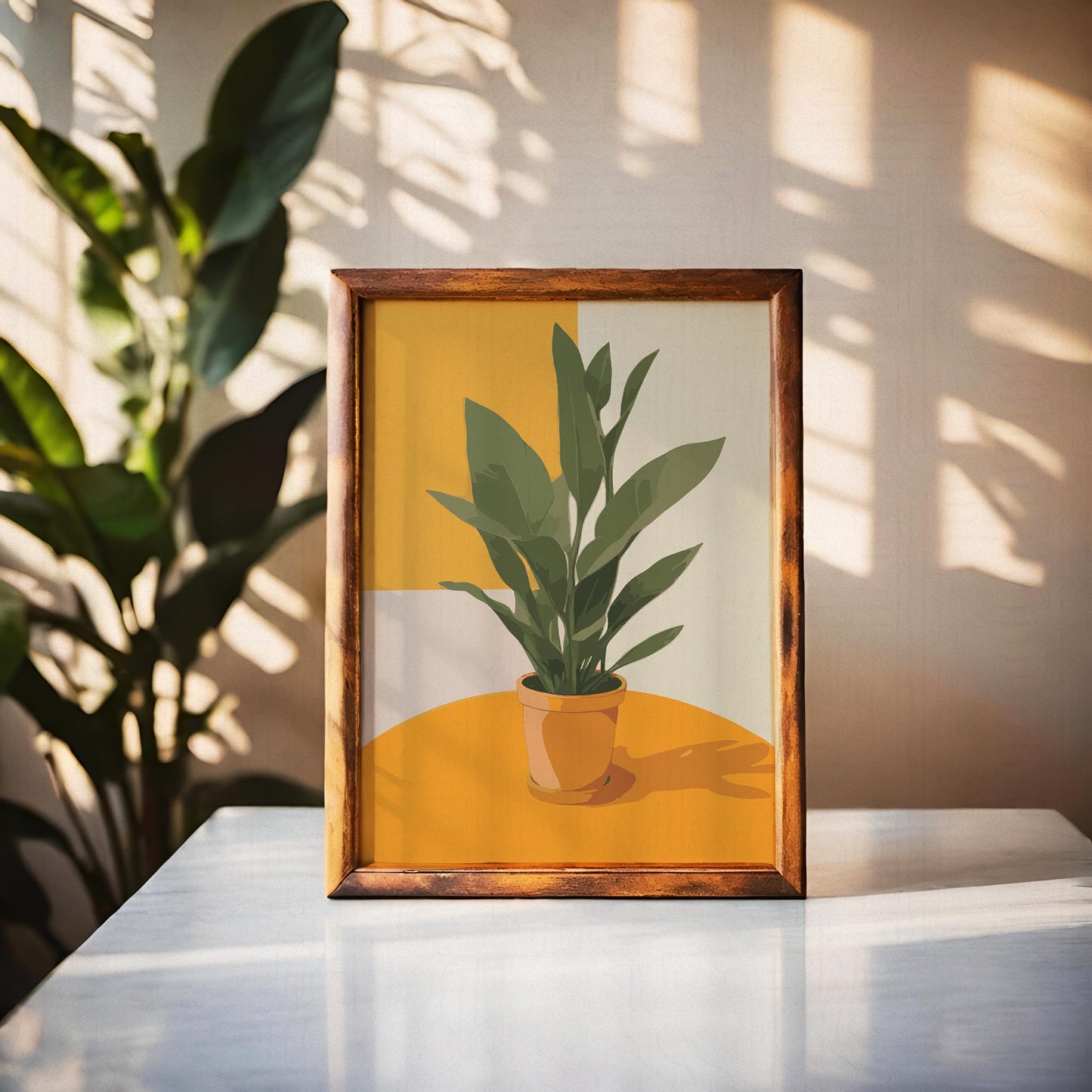 Modern printable wall art of a green potted plant on a vibrant orange table, with bold geometric background in yellow and cream tones - ideal for minimalist or contemporary decor