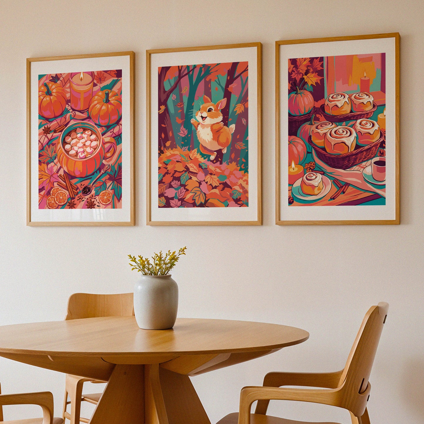 Three framed bold autumn wall art prints on a wood shelf against sage green panelling — showing a pumpkin hot chocolate print, a woodland bunny forest scene, and a cinnamon roll baking print in orange, pink, and teal