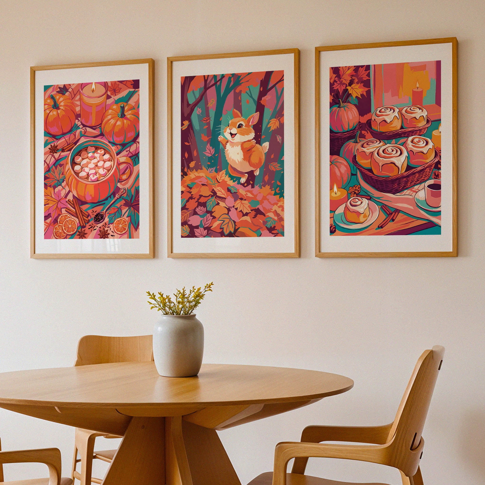 Three framed bold autumn wall art prints on a wood shelf against sage green panelling — showing a pumpkin hot chocolate print, a woodland bunny forest scene, and a cinnamon roll baking print in orange, pink, and teal