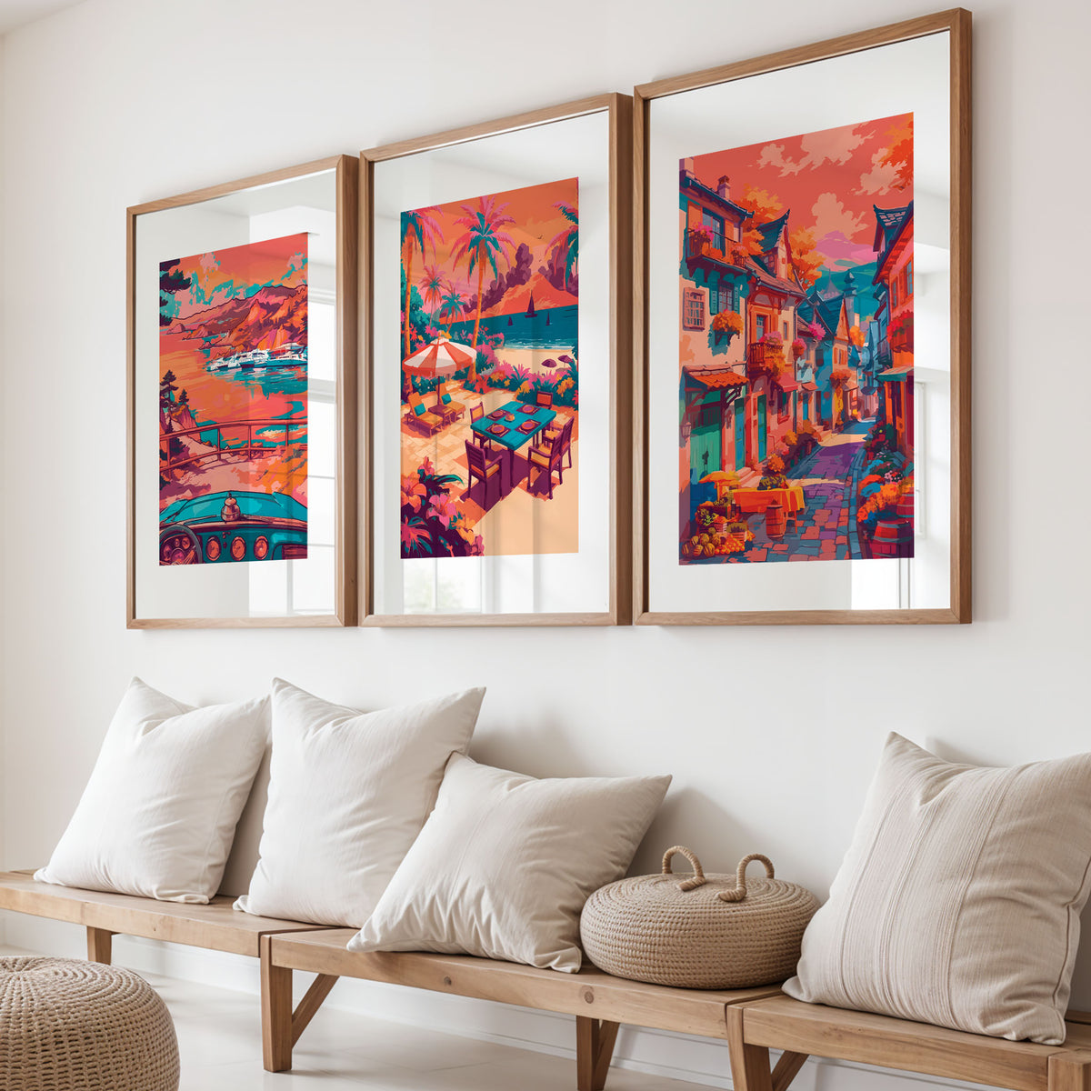 Bold illustrated print set of a Mediterranean harbor, a beachfront terrace with dining table, and a cobblestone village lane, styled above a green cabinet.