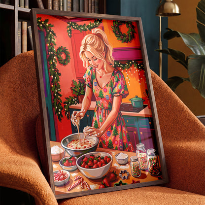 Maximalist Christmas kitchen poster featuring a joyful illustrated baker in a novelty holiday dress surrounded by garland swags, glowing fairy lights, teal kitchen cabinets, a teal Dutch oven, and Christmas wreaths on coral and orange walls