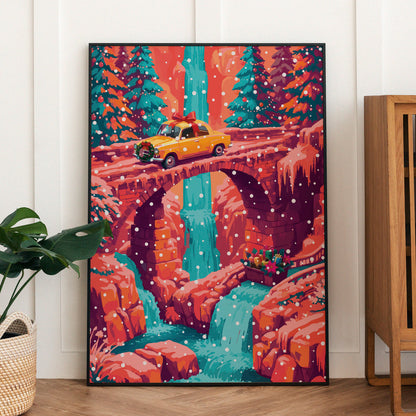 Festive canyon scene illustration with a ribboned car, a stone archway bridge, and a basket of wrapped gifts beside a rushing waterfall. 