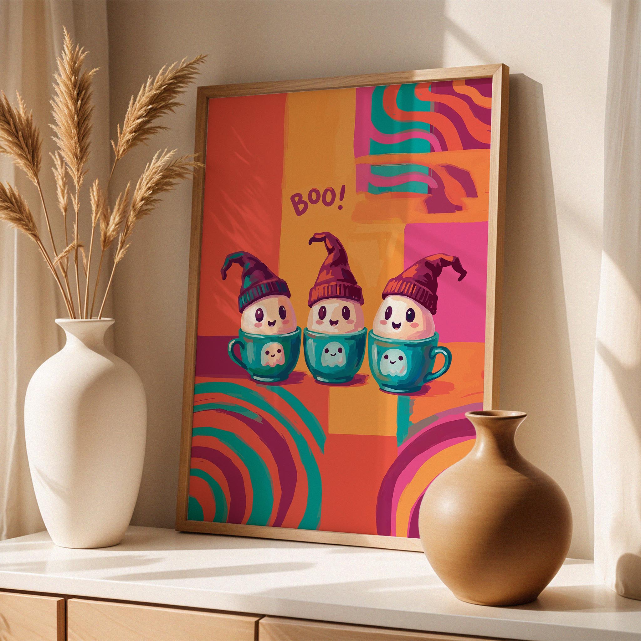 Whimsical "Boo!" Halloween poster featuring a trio of kawaii marshmallow ghosts with rosy cheeks and witch hats in teal teacups, on a bold abstract background of colour-blocked orange and pink with teal spiral accents