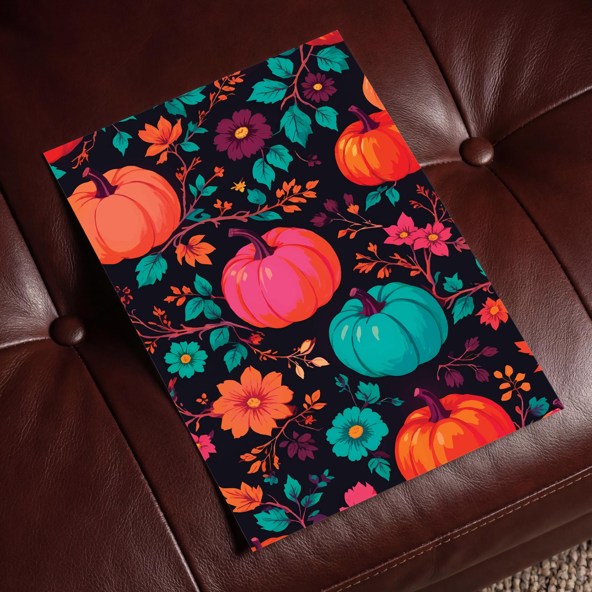 Maximalist fall pattern print featuring multicolour pumpkins in orange, magenta, and teal surrounded by wildflowers, trailing branches, and foliage on a deep black backdrop