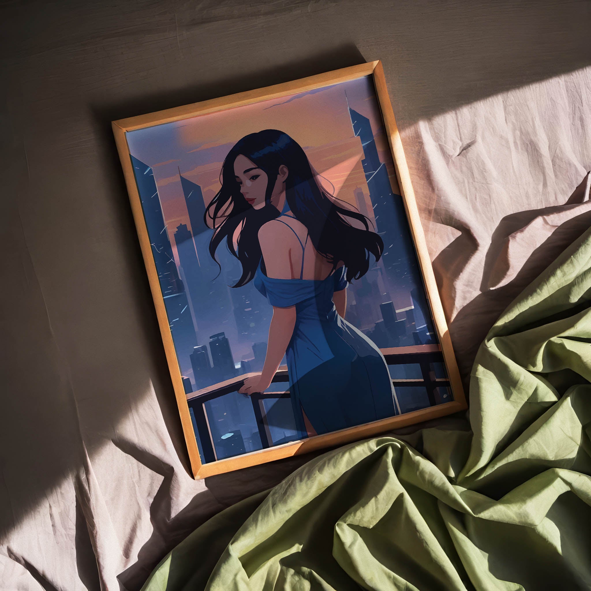 Chic digital artwork of a woman in a flowing blue dress standing on a balcony, overlooking a modern city skyline at sunset, stylish and moody printable wall art