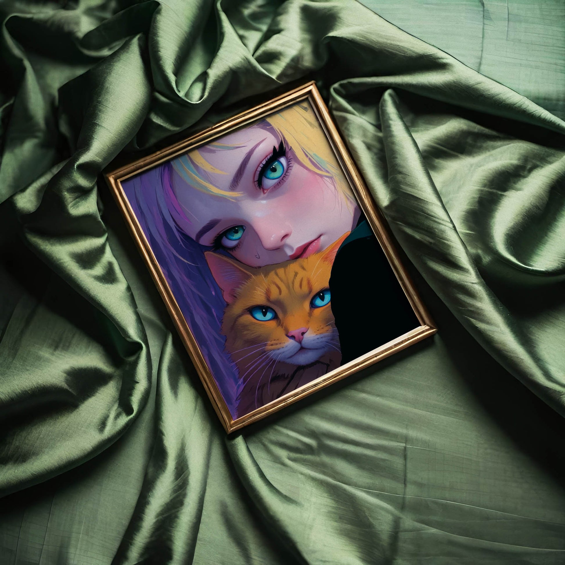 Expressive portrait of a young woman with bright teal eyes and blonde hair with purple streaks, gently holding an orange cat with matching blue eyes. The artwork features rich lighting and bold colours, creating an intimate and captivating emotional connection between the girl and her pet. 