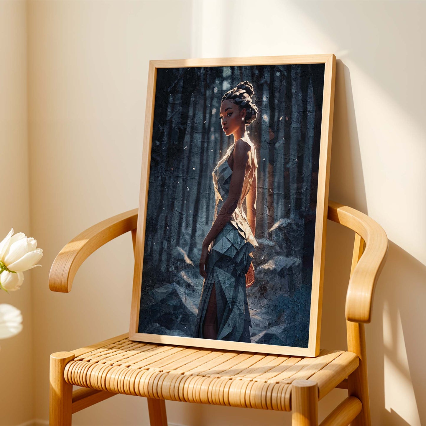 Dark enchanted forest scene with a glowing female figure in a textured painterly style