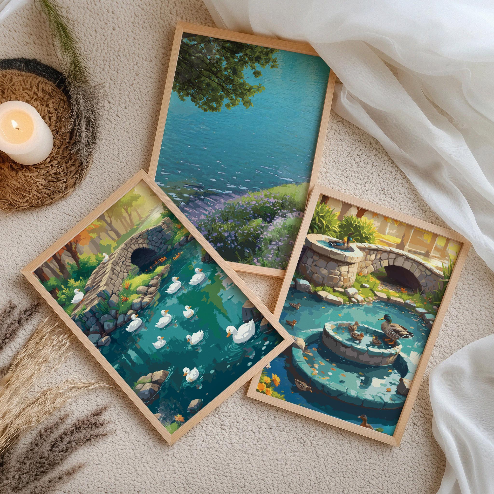 Triptych wall art showing peaceful nature scenes with ducks, stone bridge, water reflections and lush greenery in a styled interior