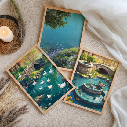 Triptych wall art showing peaceful nature scenes with ducks, stone bridge, water reflections and lush greenery in a styled interior