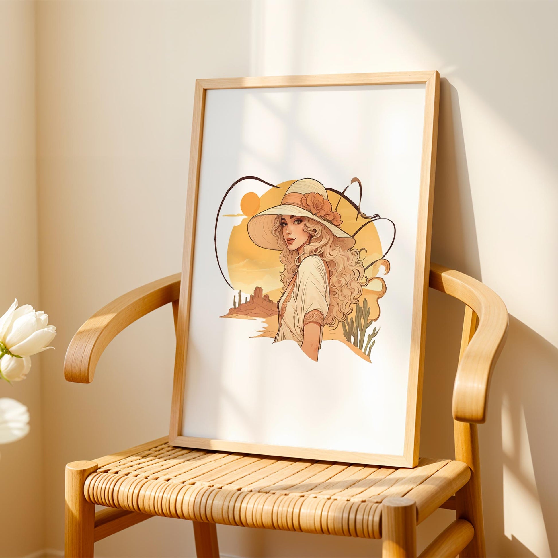 Boho-style digital wall art of a woman with flowing blonde hair wearing a wide-brimmed hat adorned with a flower, set against a warm desert sunset with cacti and mesas