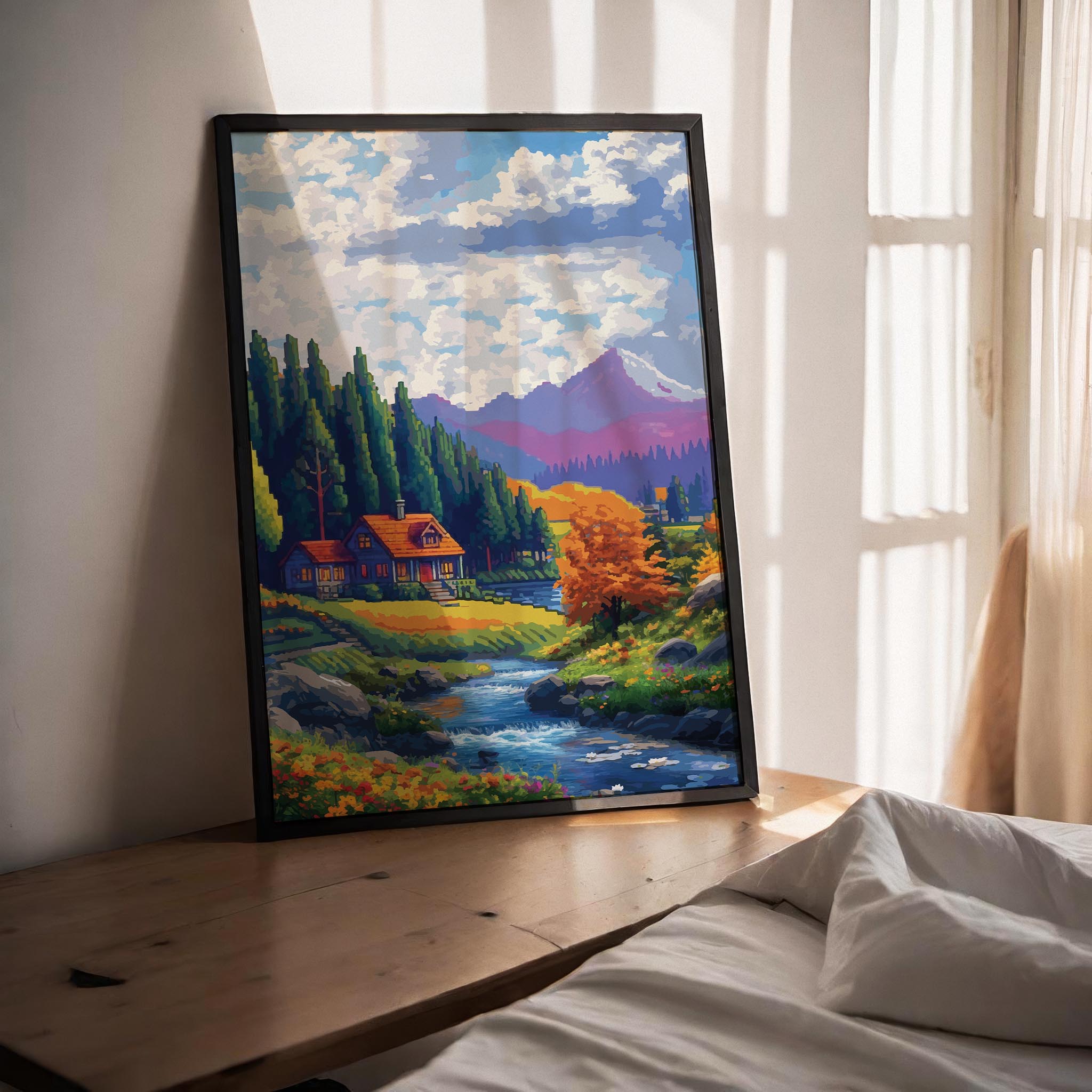 Cozy cabin-themed printable wall art featuring a charming wooden house by a flowing stream, surrounded by tall pine trees, autumn foliage, and distant purple mountains under a vibrant sky, perfect for rustic, nature-inspired, or fall season home decor