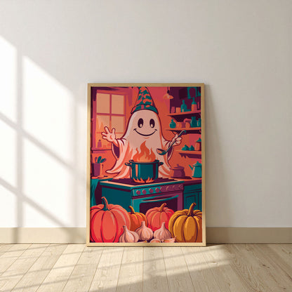 Whimsical Halloween cooking scene wall art - a waving ghost with a teal party hat ladles a boiling pot on a vintage teal stove, surrounded by harvest pumpkins, garlic, and a shelf of teal apothecary bottles in a glowing warm kitchen