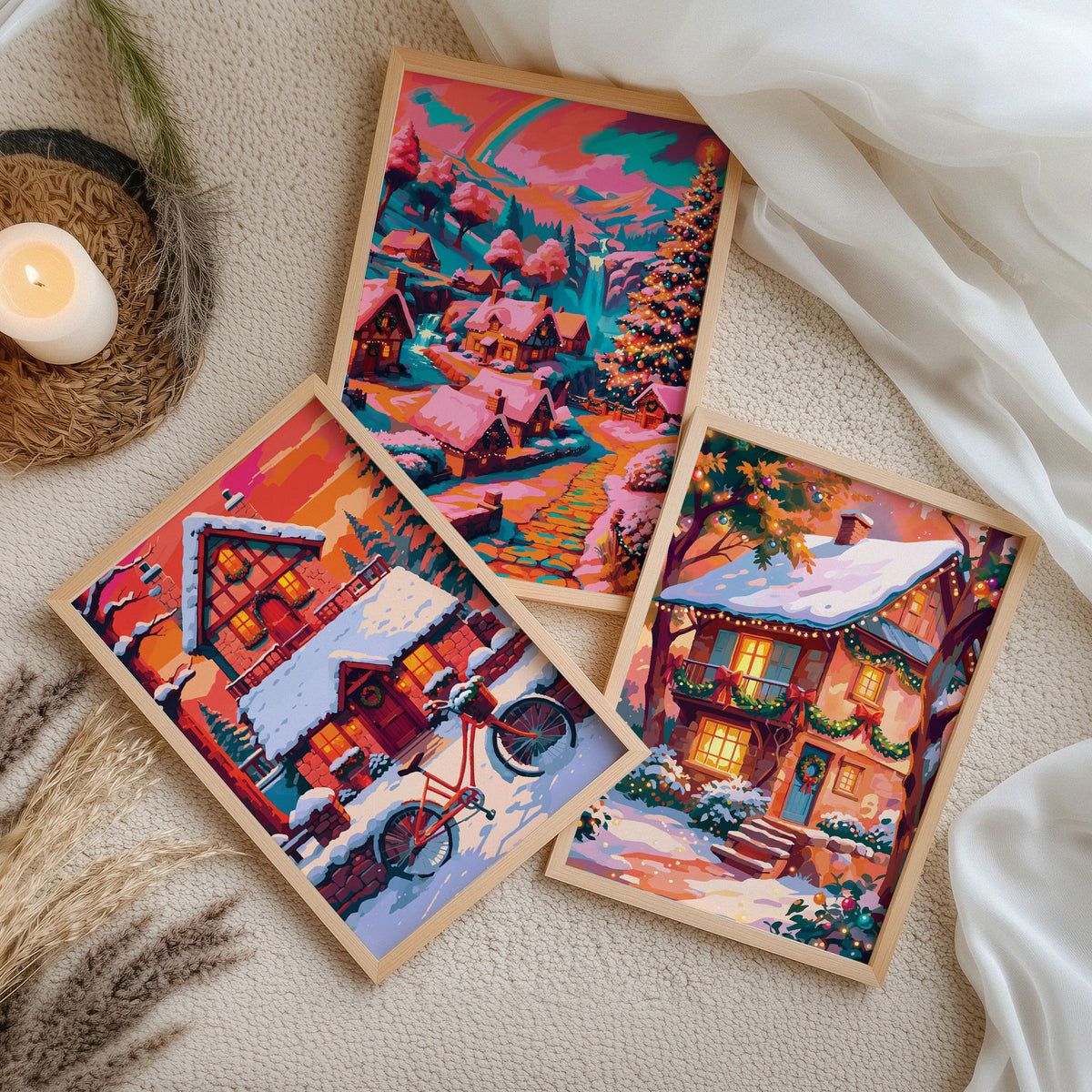 Christmas cottage art bundle — three white-framed dopamine-style prints on a natural oak ledge showing a snowy stone farmhouse, a magical pink Christmas village scene, and a warm glow cottage with teal accents and holiday wreaths