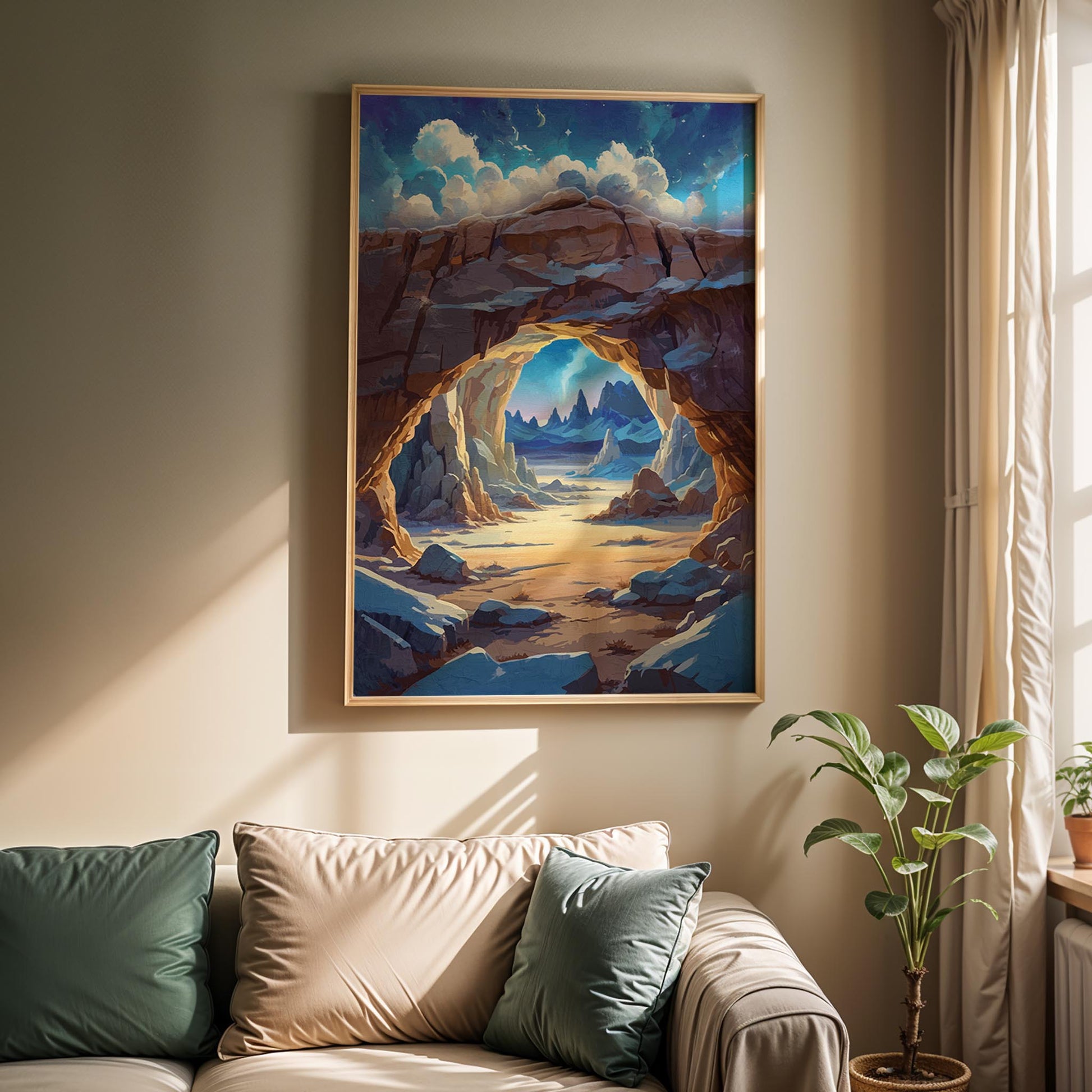 Digital painting of a scenic desert canyon with a natural rock arch framing distant mountains under a dreamy sky, printable wall art perfect for nature and landscape lovers