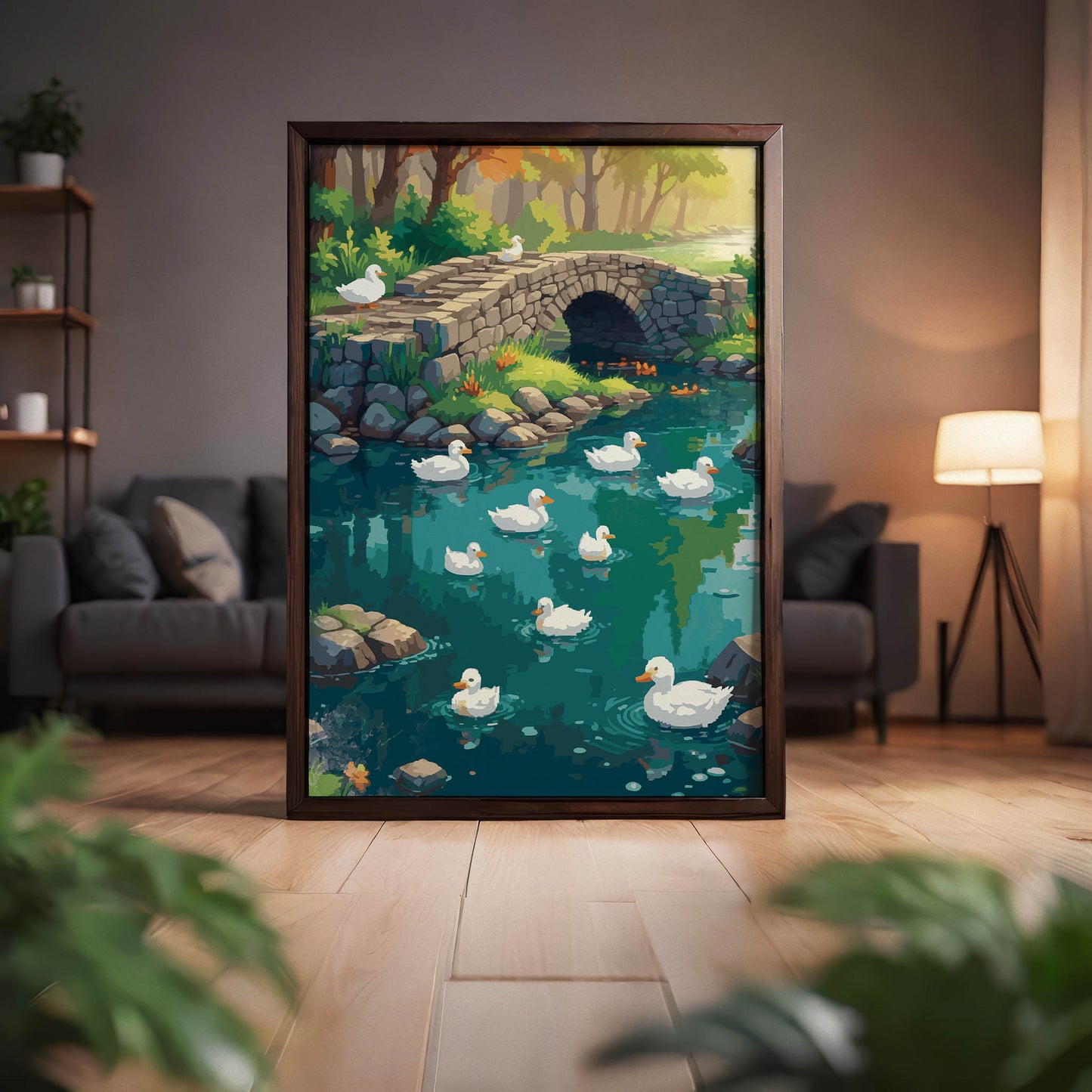 Peaceful nature scene featuring a group of white ducks swimming in a clear blue pond surrounded by rocks and greenery. A charming stone bridge crosses the water, with soft sunlight filtering through the trees, creating a warm and tranquil countryside atmosphere.