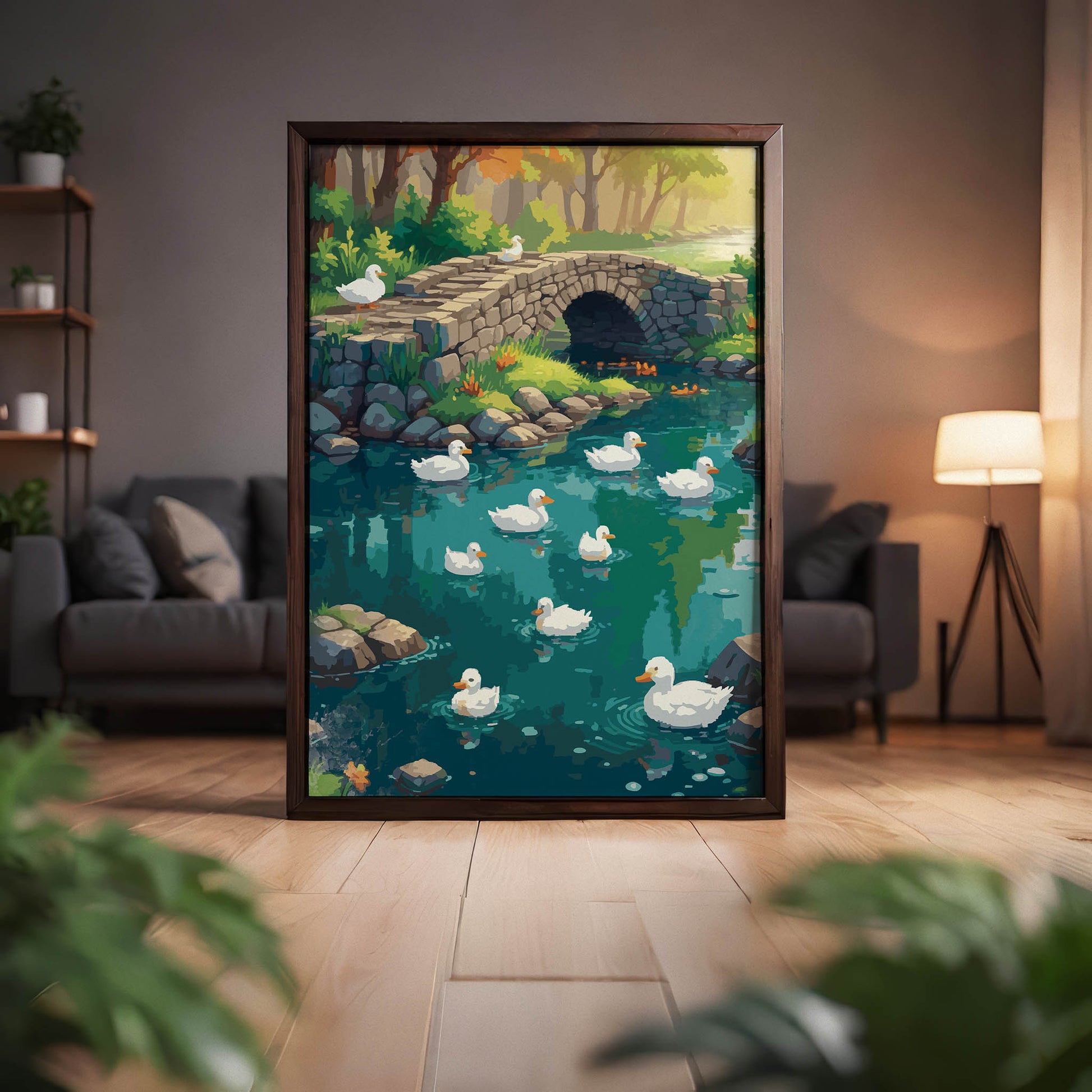 Peaceful nature scene featuring a group of white ducks swimming in a clear blue pond surrounded by rocks and greenery. A charming stone bridge crosses the water, with soft sunlight filtering through the trees, creating a warm and tranquil countryside atmosphere.