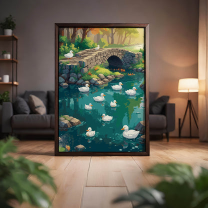 Peaceful nature scene featuring a group of white ducks swimming in a clear blue pond surrounded by rocks and greenery. A charming stone bridge crosses the water, with soft sunlight filtering through the trees, creating a warm and tranquil countryside atmosphere.