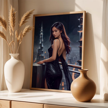 Elegant digital wall art of a woman in a sleek black evening gown standing on a balcony, gazing over a glowing futuristic city skyline at night with illuminated skyscrapers