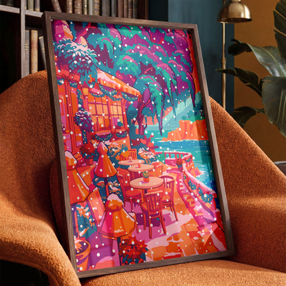 Festive terrace illustration with empty café chairs, poinsettias, and a stone railing overlooking a calm sea in winter light.