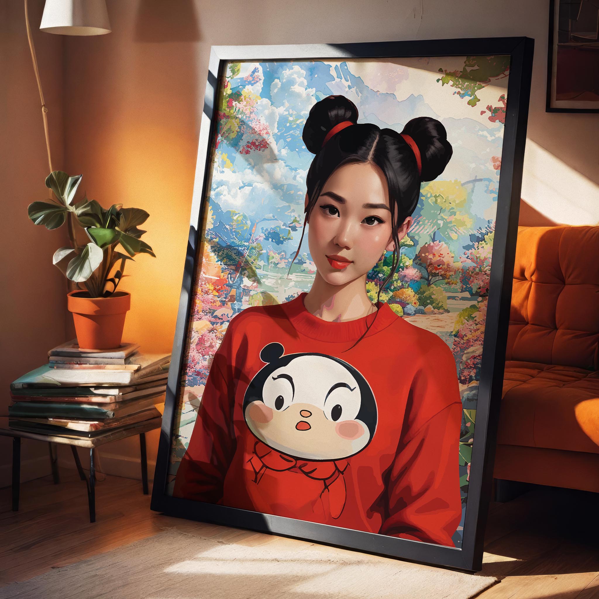 Stylized digital portrait of an Asian girl with double buns and a red cartoon sweatshirt, set against a dreamy, colorful landscape, vibrant printable wall art