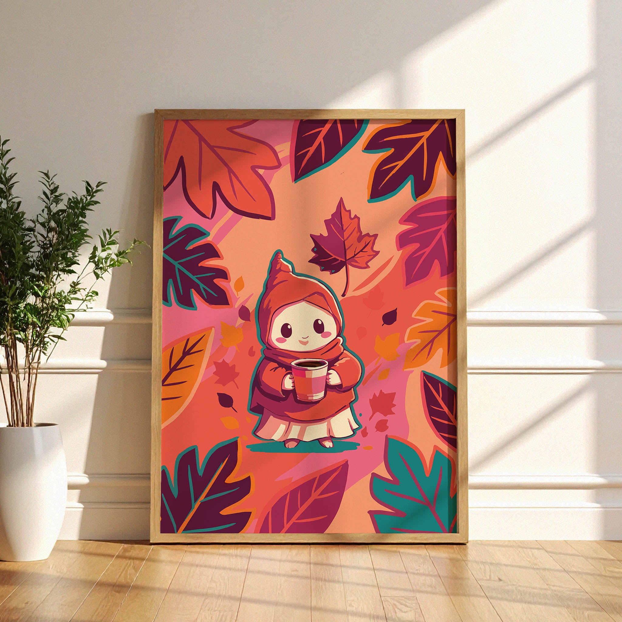 Close-up of a whimsical fall nursery or kids' room print - a smiling chibi gnome in a rust red cloak surrounded by oversized autumn leaves with teal outlines and deep burgundy accents on a soft peach backdrop
