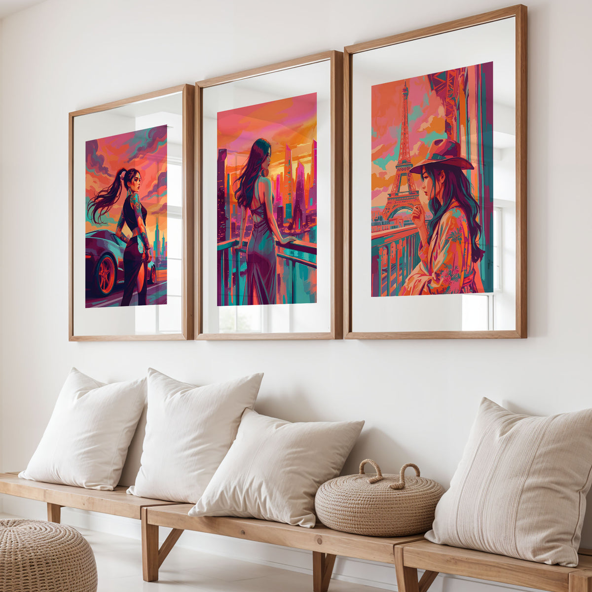 Three maximalist female portrait prints in white frames — a tattooed woman with a sports car, a sleek city balcony figure against a pink skyline, and a bohemian woman in Paris, united by a saturated warm and jewel-toned palette
