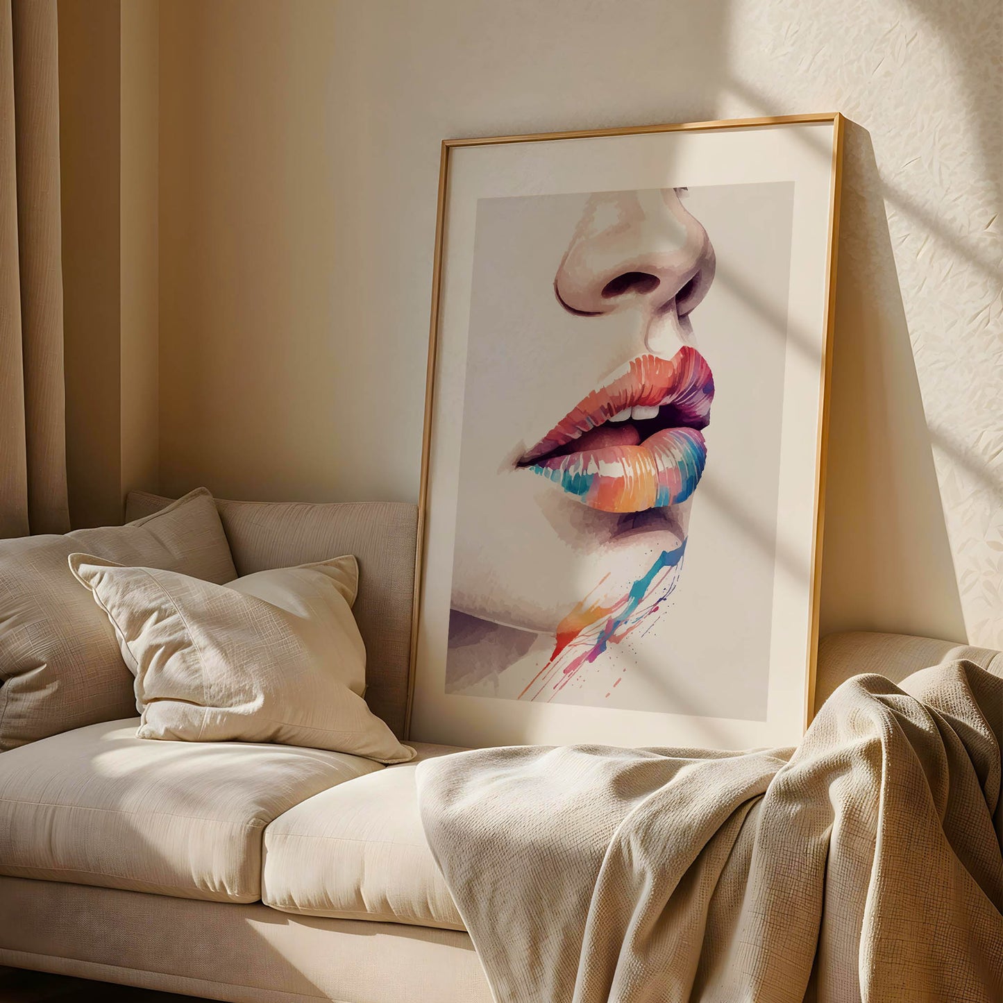 Close-up artistic portrait of glossy lips painted in a vibrant rainbow gradient of red, orange, yellow, blue, and purple tones. Soft splashes of colour extend below the lips, creating a bold, modern, and expressive pop-art style composition on a clean white background.