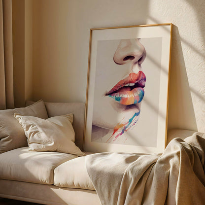 Close-up artistic portrait of glossy lips painted in a vibrant rainbow gradient of red, orange, yellow, blue, and purple tones. Soft splashes of colour extend below the lips, creating a bold, modern, and expressive pop-art style composition on a clean white background.